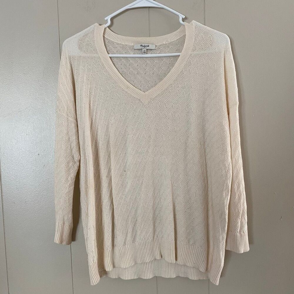 Madewell Cream Pointelle Knit Sweater Women’s XS Lightweight V-Neck Pullover